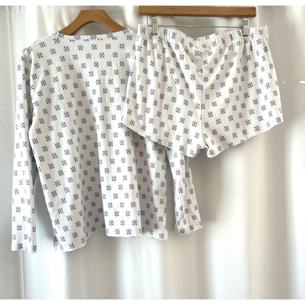 LAKE Pajamas Womens XL Pima Cotton Long-Short Set White Blue Floral Starburst - Picture 2 of 10